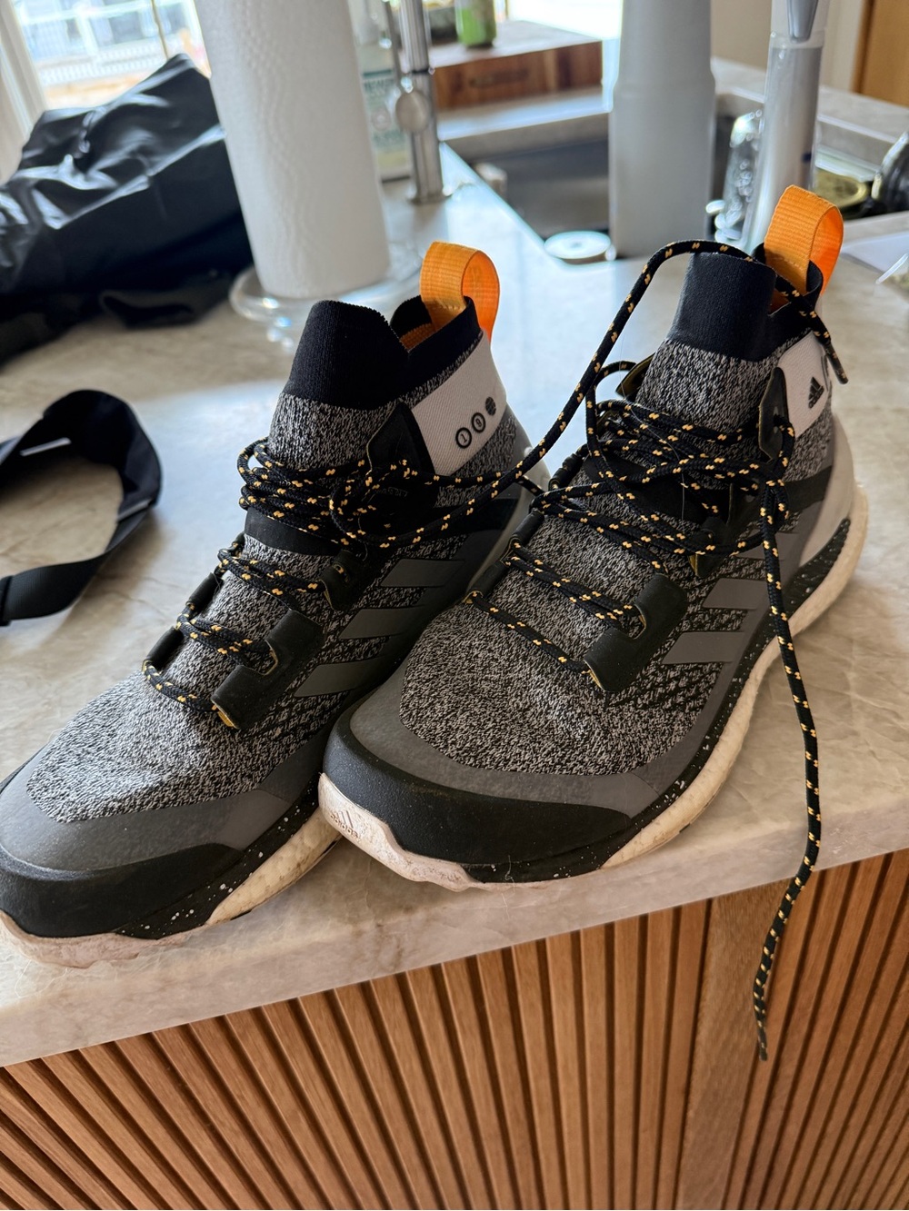 adidas Grey and Black Knit parley sneakers with Orange Pull Tabs